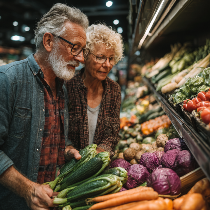 Літня пара готує здорову їжу разом